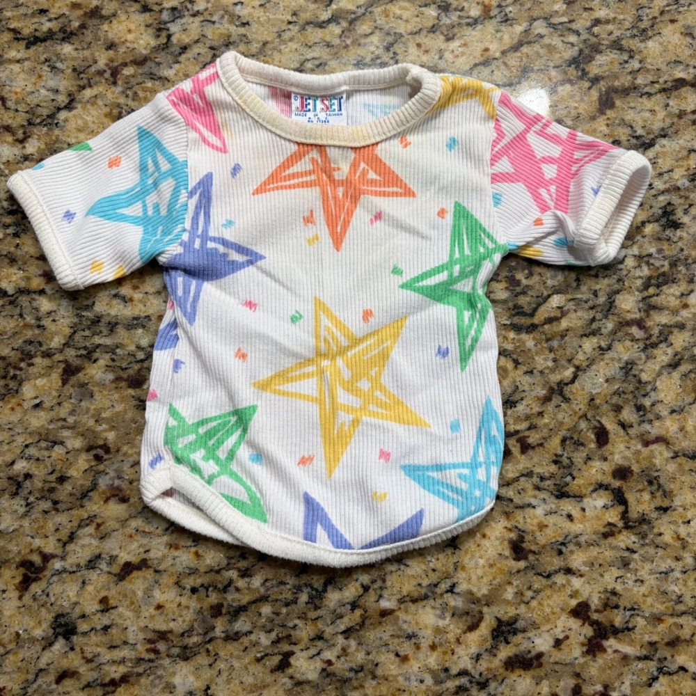 Vintage Jet Set Baby Star Print Ribbed T-Shirt Neon 80s 90s White 12 Months